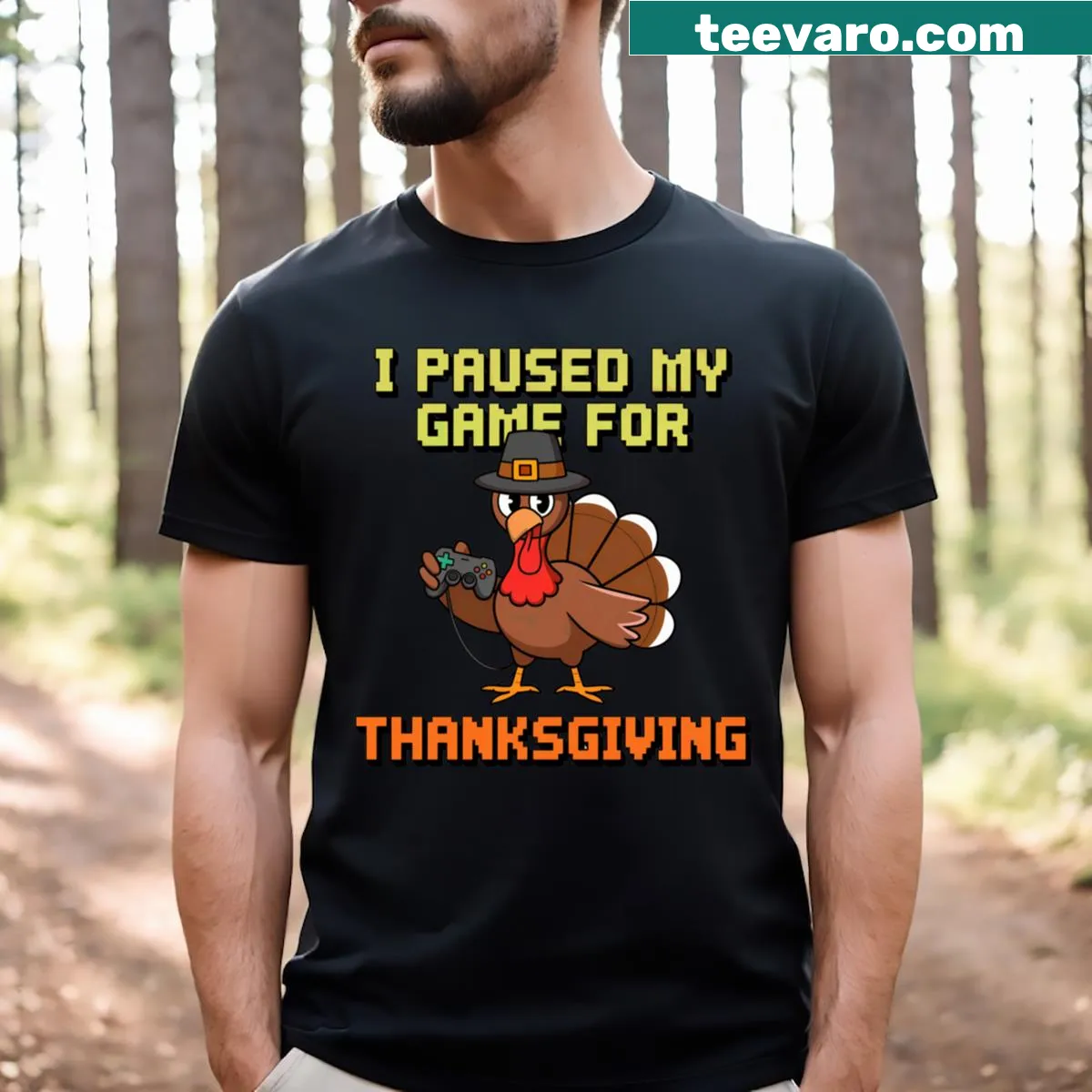 Funny Thanksgiving turkey t-shirt for gamers — on a men's t-shirt