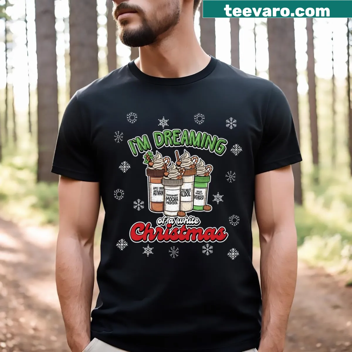 Nostalgic T-shirt with 'I'm Dreaming Of A White Christmas' text — on a men's t-shirt