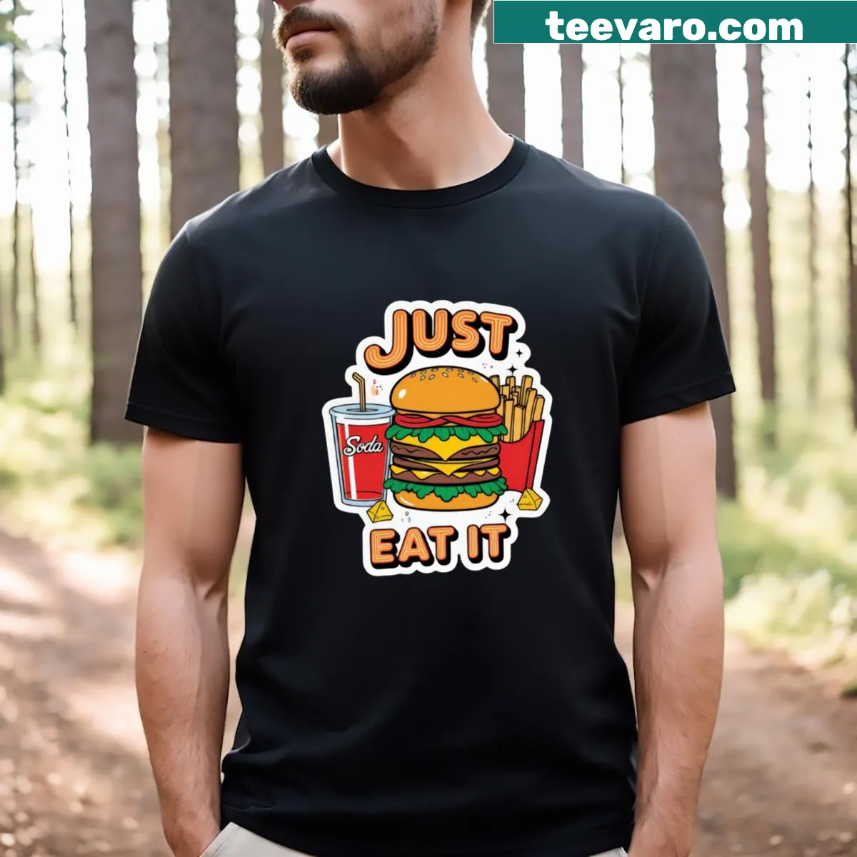 Playful 'Just Eat It' graphic sticker t-shirt for food lovers — on a men's t-shirt