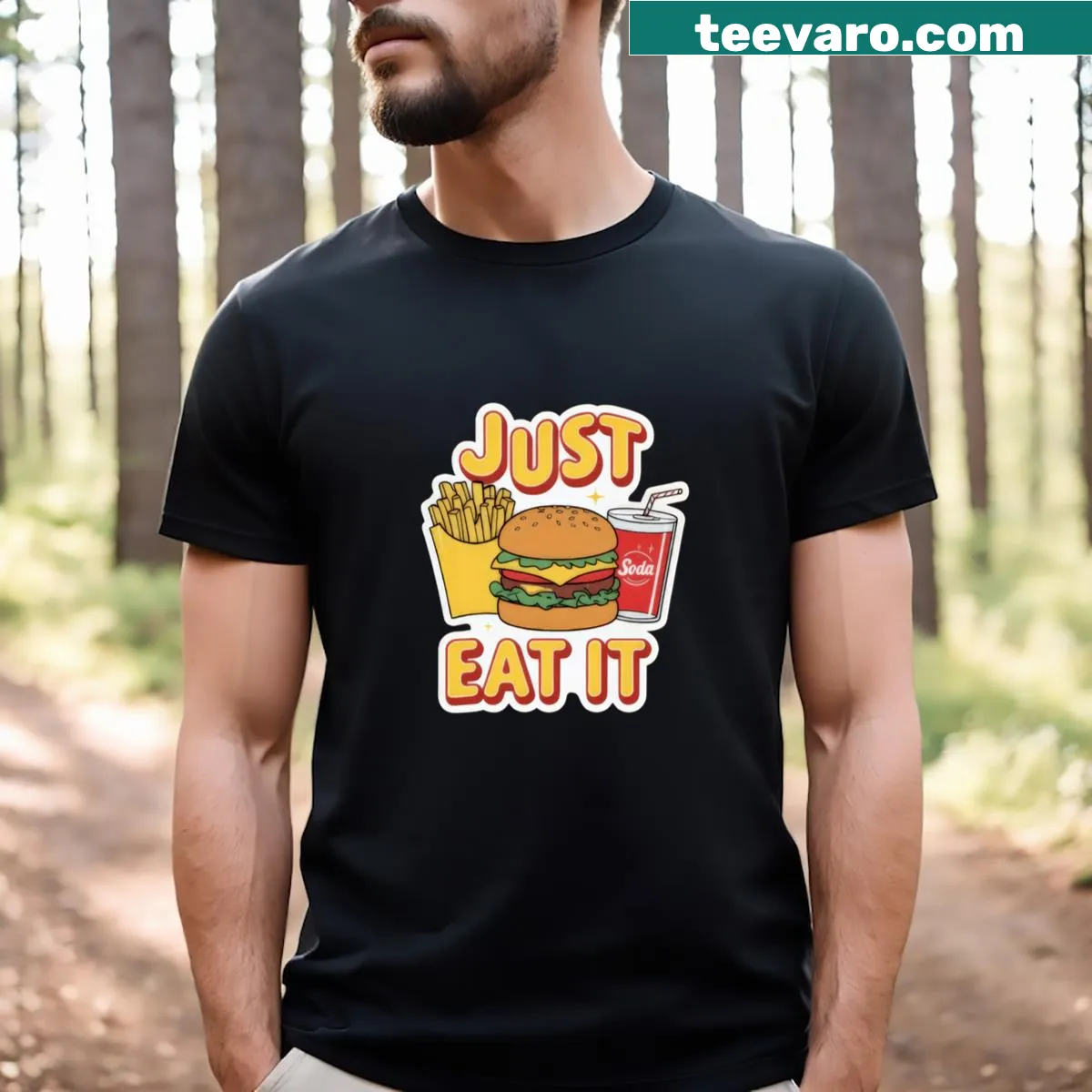 Cheeky 'Just Eat It' t-shirt for food lovers with a sarcastic twist — on a men's t-shirt