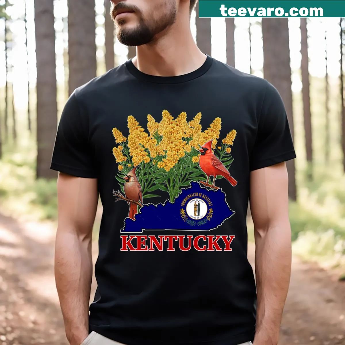 Illustrative t-shirt featuring Kentucky's goldenrod flower and a red cardinal — on a men's t-shirt