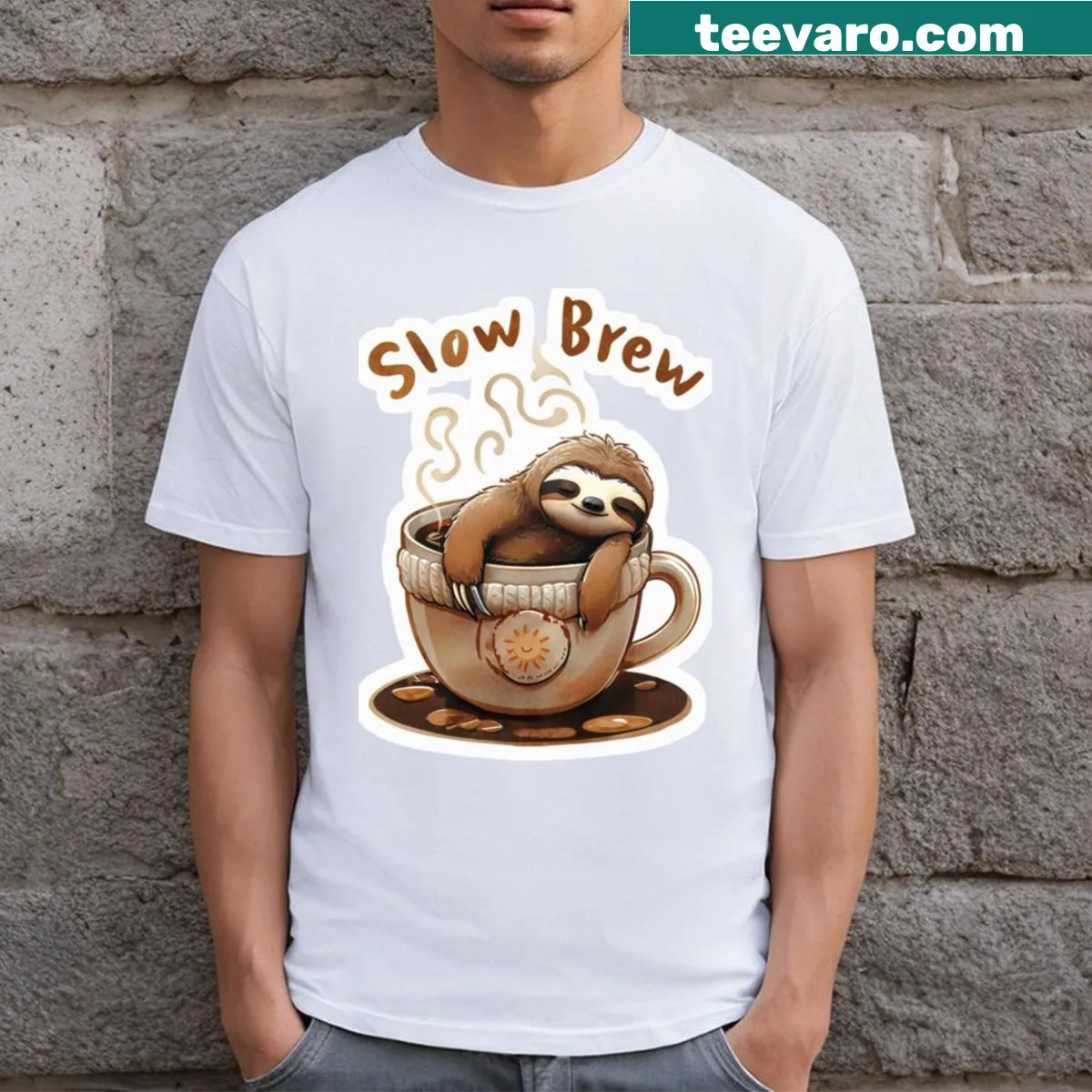 Casual t-shirt celebrating coffee culture with a playful design — on a men's t-shirt