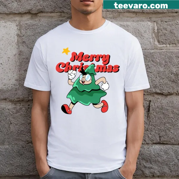 Humorous illustration of a man stuck in a Christmas tree t-shirt