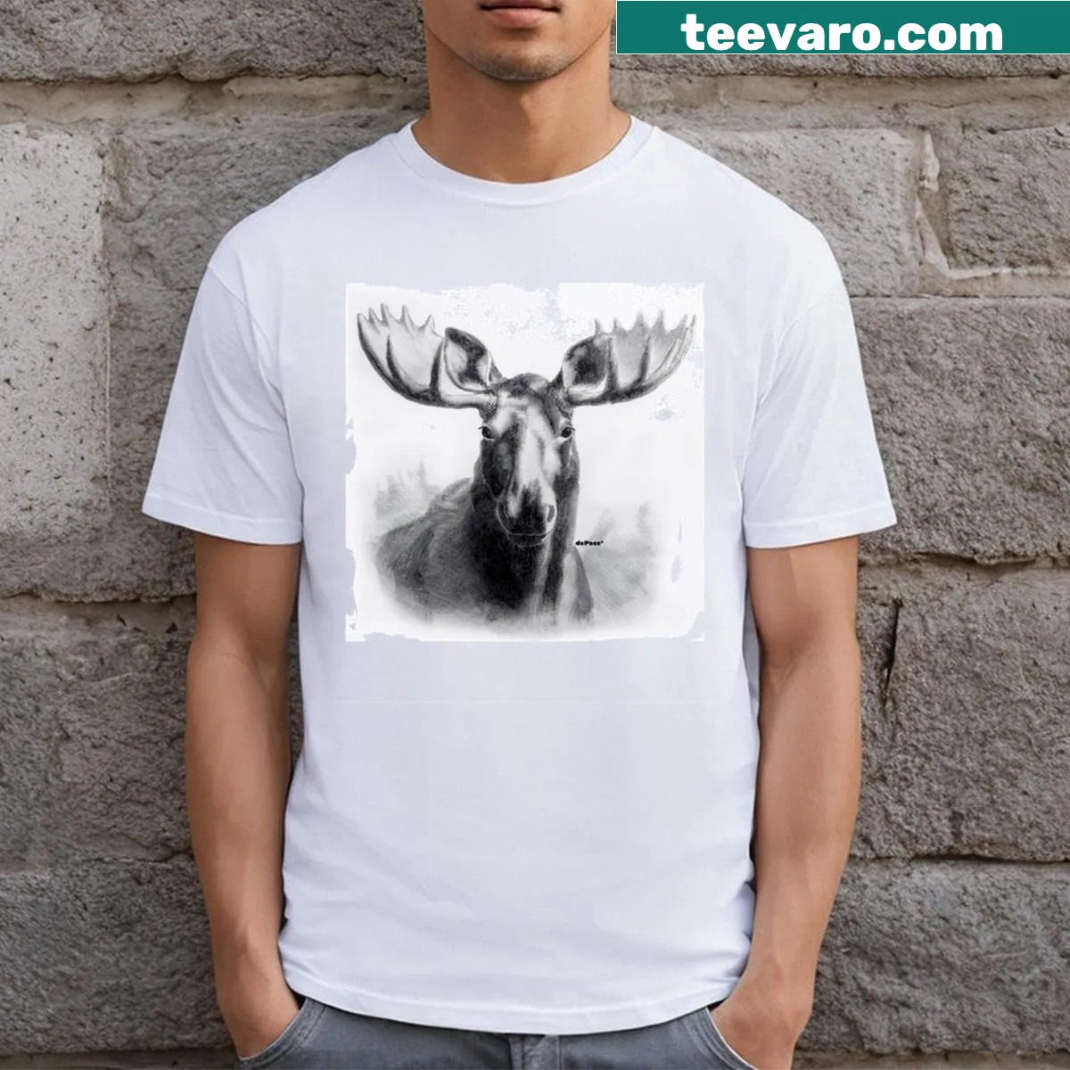 Minimalist line drawing of a moose on a T-shirt — on a men's t-shirt