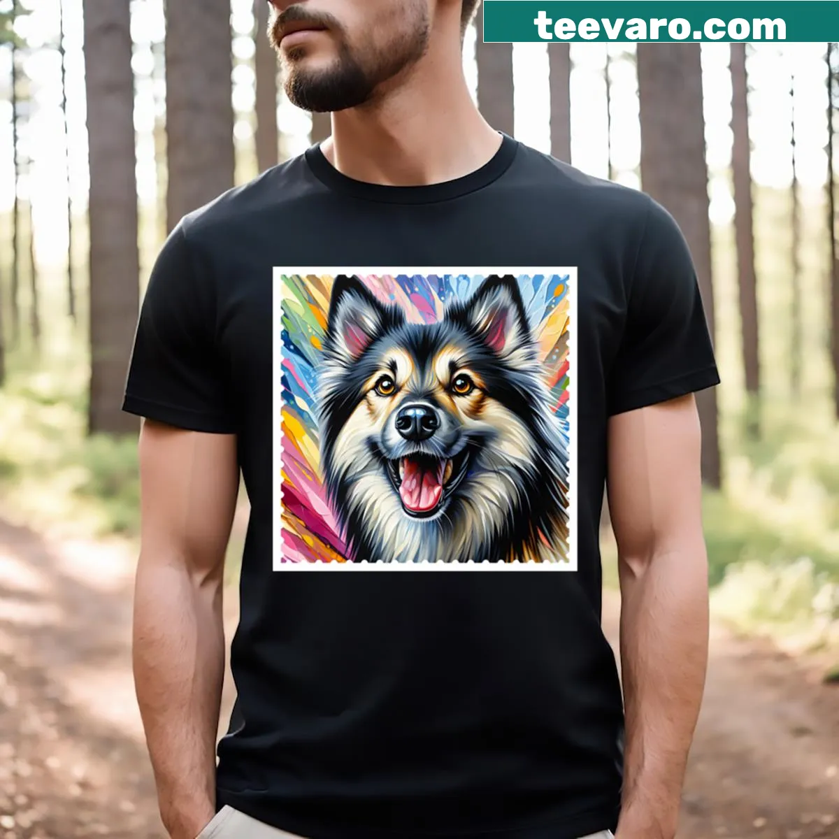 Illustrated Norwegian Elkhound portrait T-shirt for dog lovers — on a men's t-shirt
