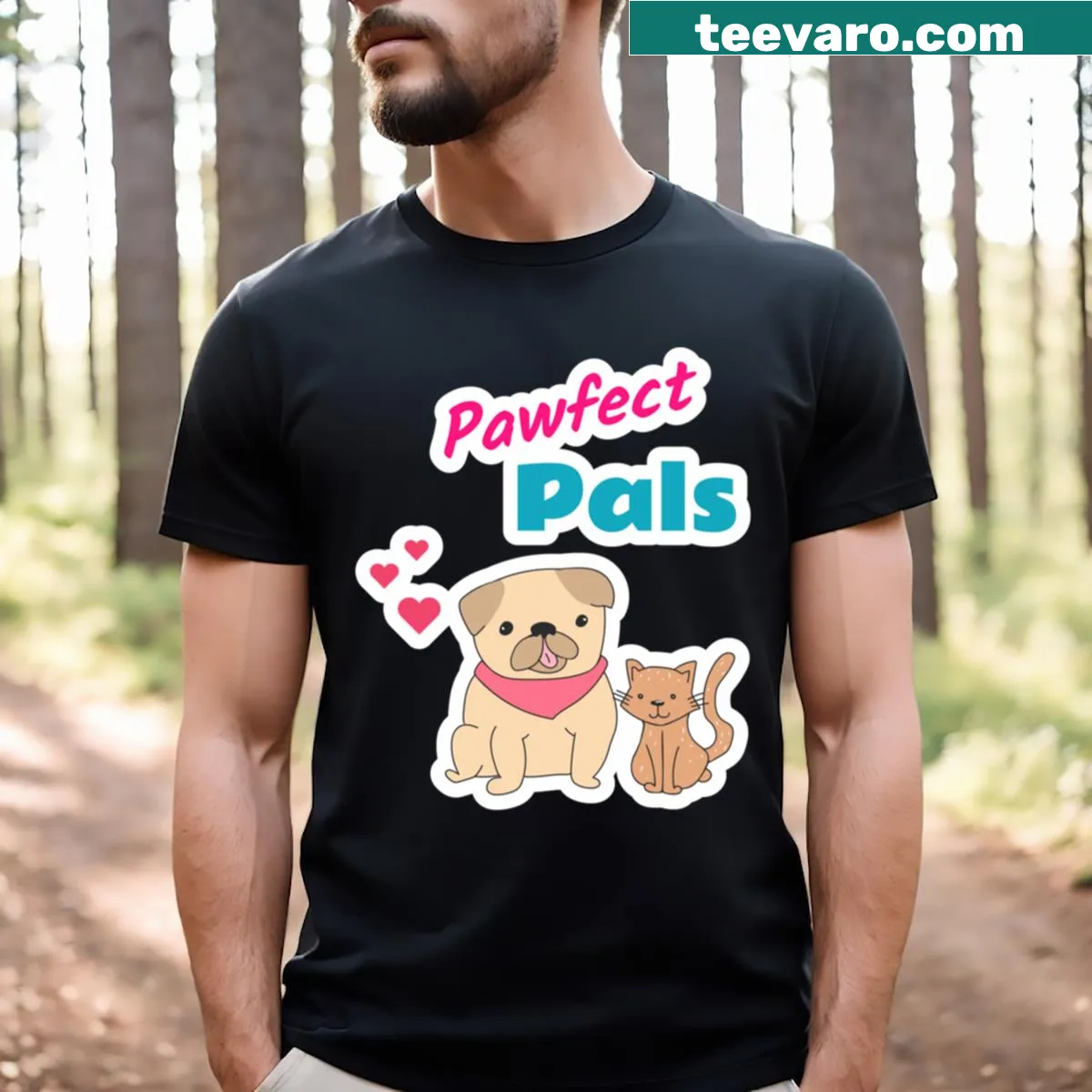 Cartoon design of dogs and cats representing friendship — on a men's t-shirt