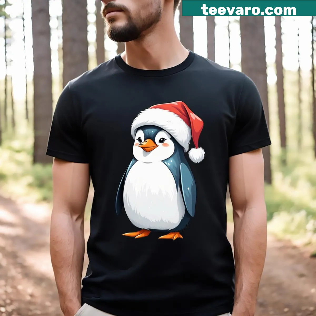 Cute penguin in a Santa hat graphic t-shirt for the holidays — on a men's t-shirt