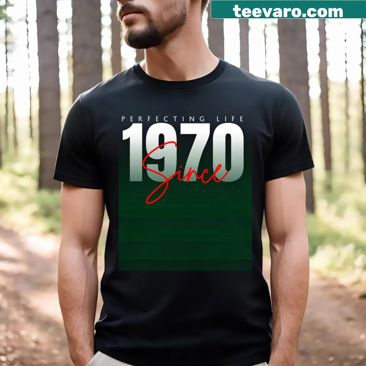 Typography T-shirt celebrating life since 1970 — on a men's t-shirt