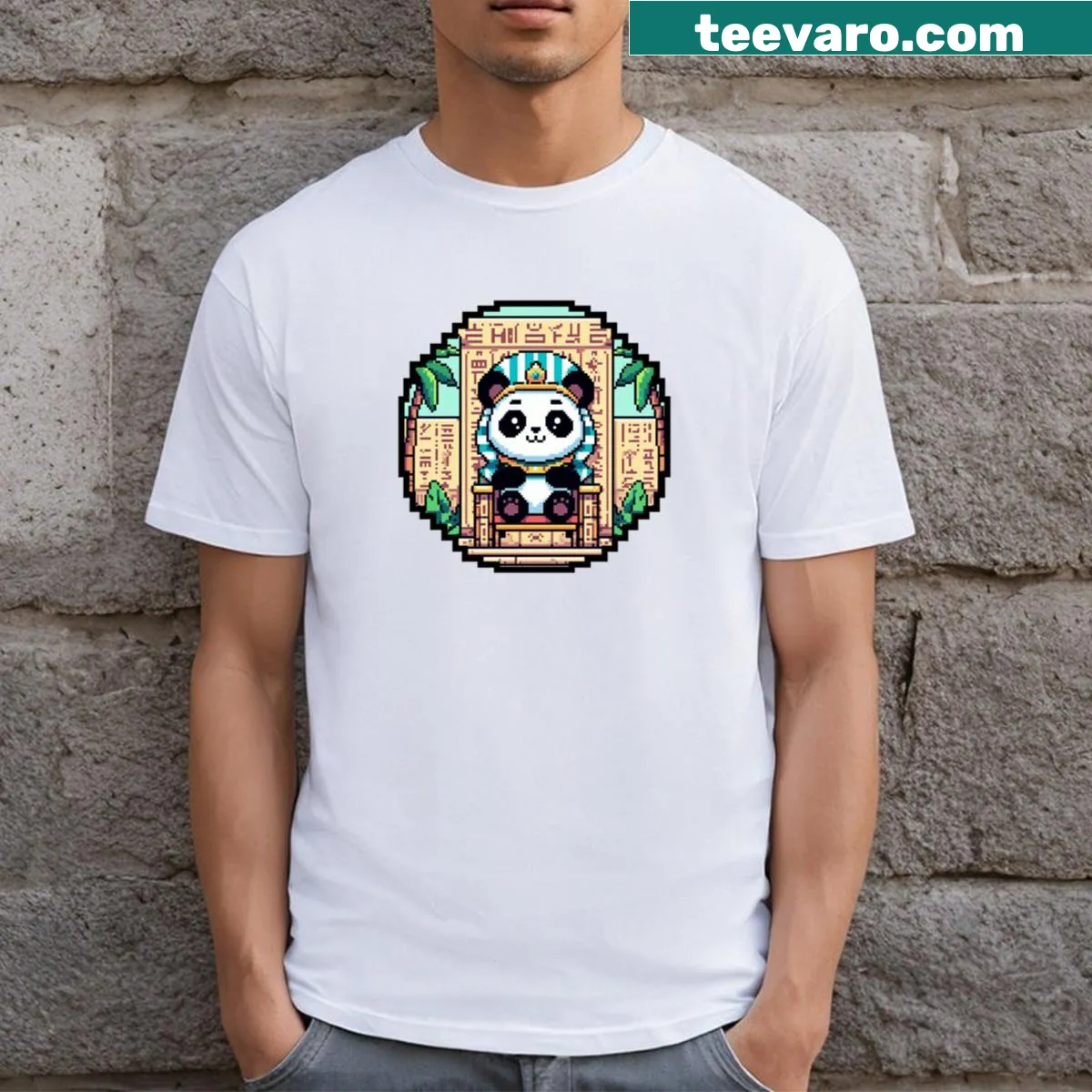 Pixel art panda dressed as a pharaoh in a playful illustration — on a men's t-shirt