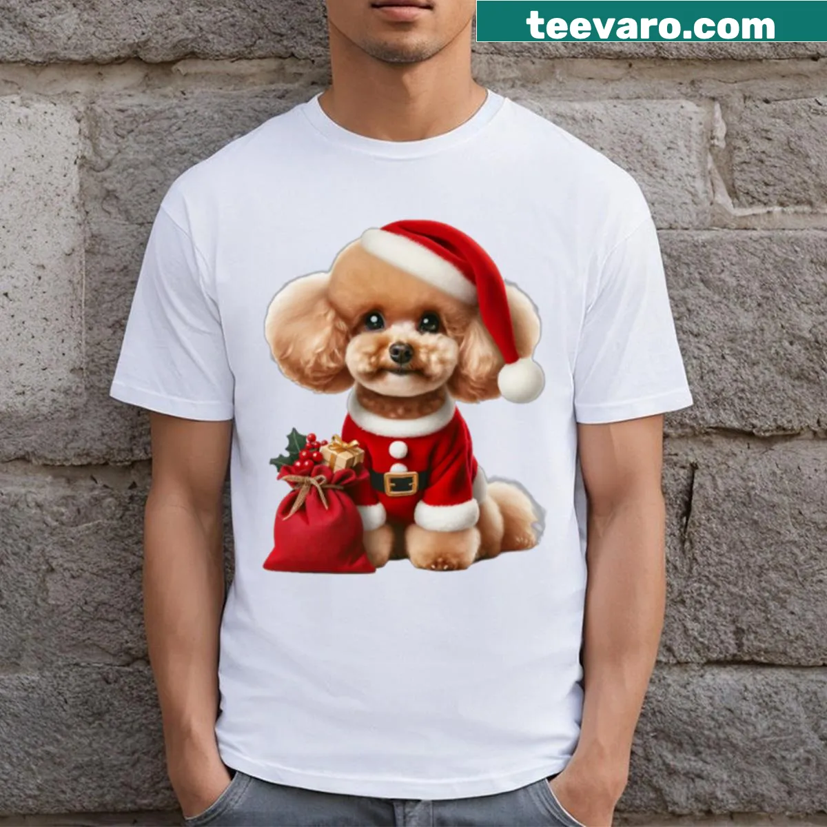 Cute poodle in Santa costume for festive wear — on a men's t-shirt