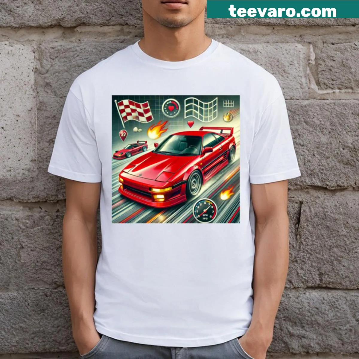 Illustrated t-shirt featuring the Red Sw20 Mr2 racing car design. — on a men's t-shirt