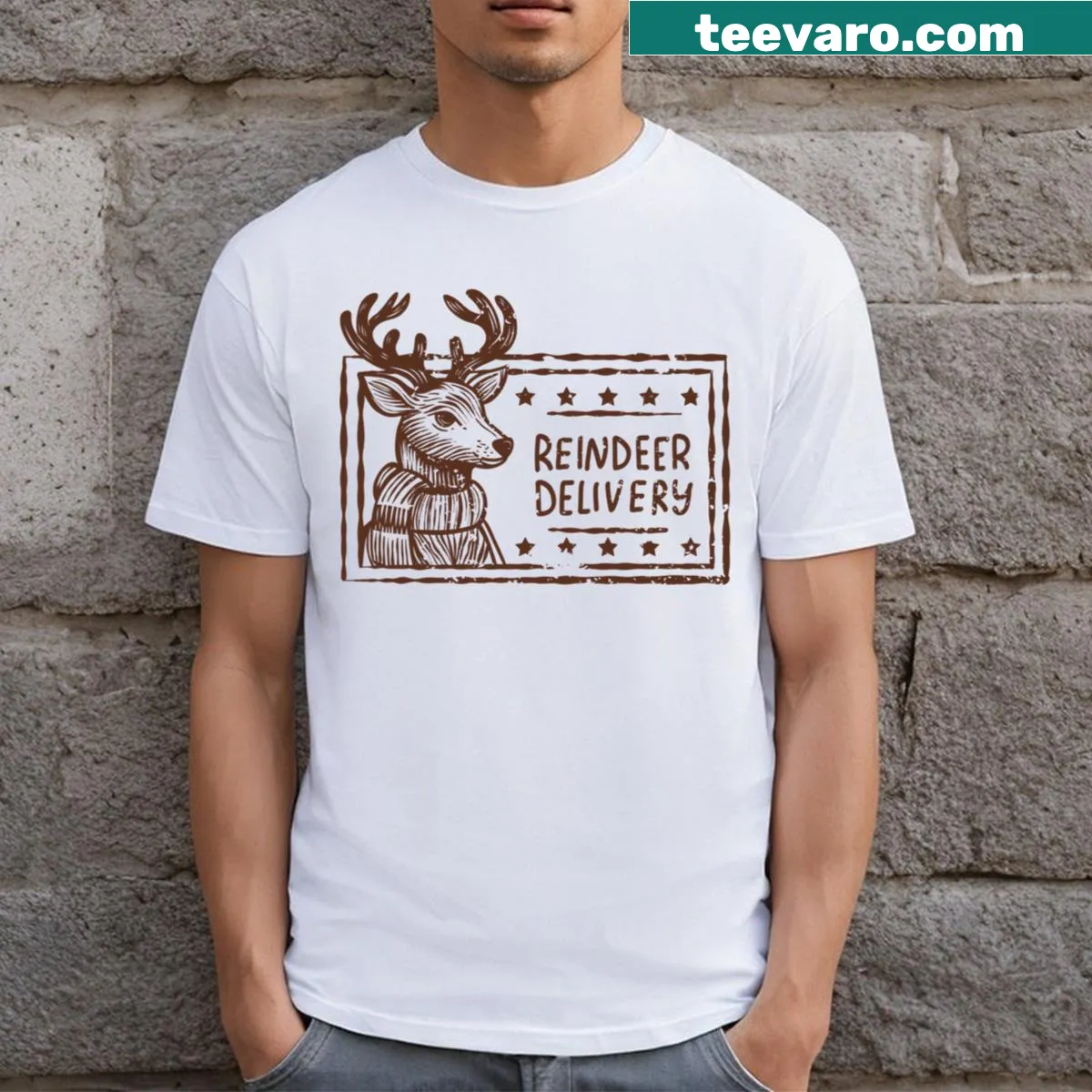 Whimsical reindeer delivering gifts graphic t-shirt for Christmas — on a men's t-shirt