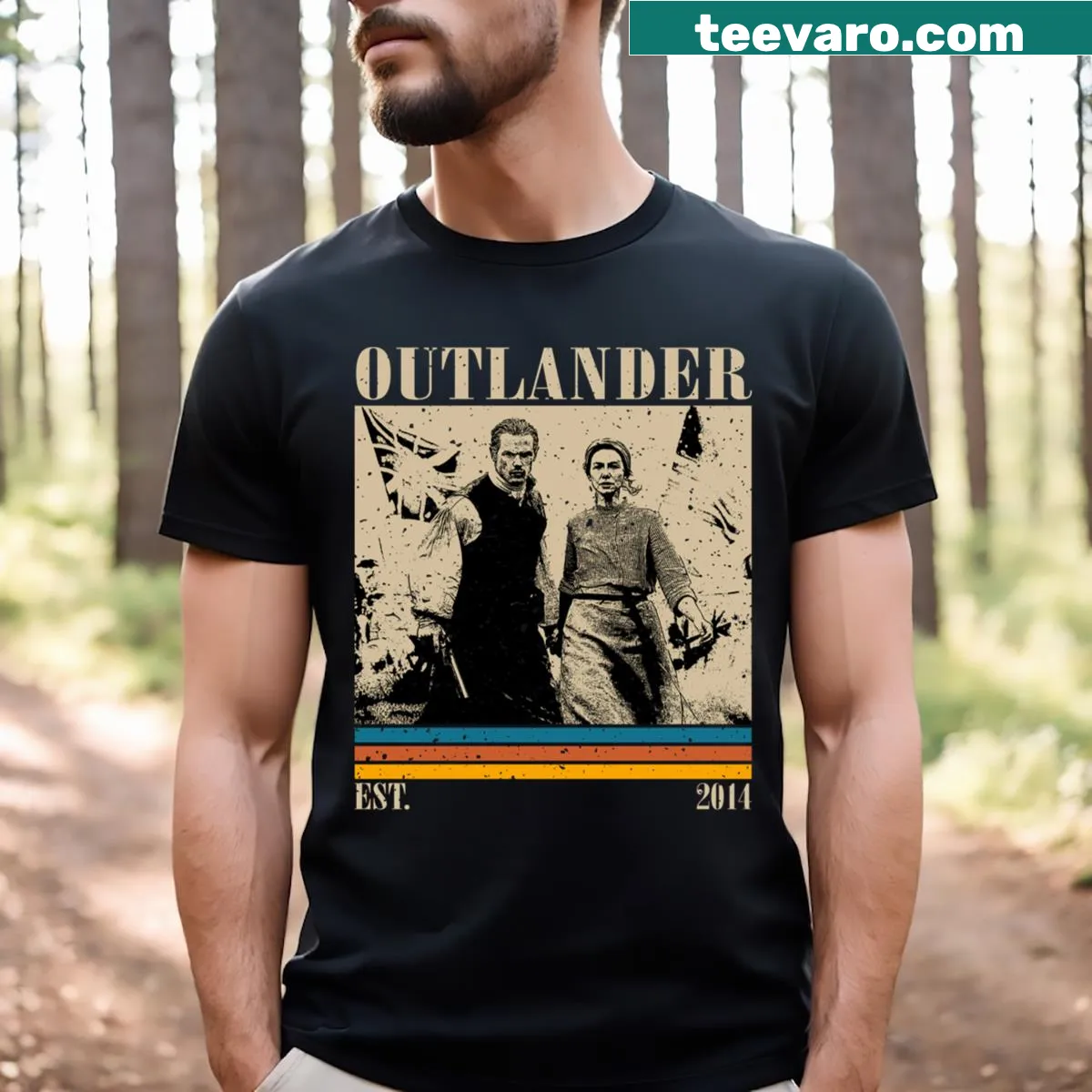 Vintage distressed t-shirt featuring quotes from the Outlander series. — on a men's t-shirt