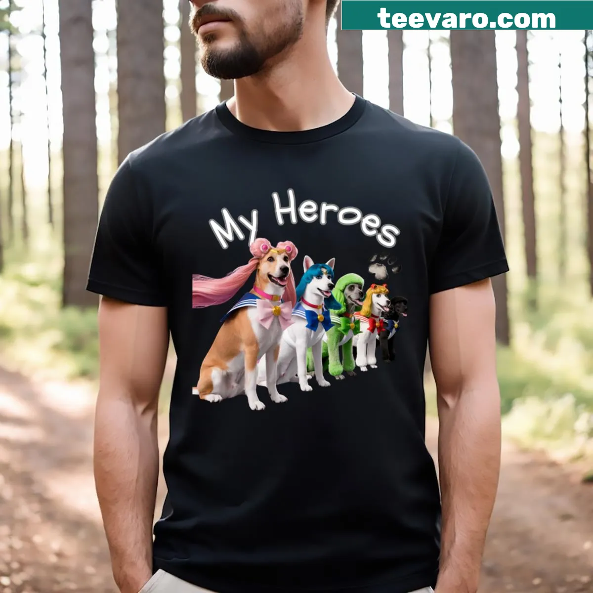 Illustration of dogs in sailor suits celebrating heroism — on a men's t-shirt