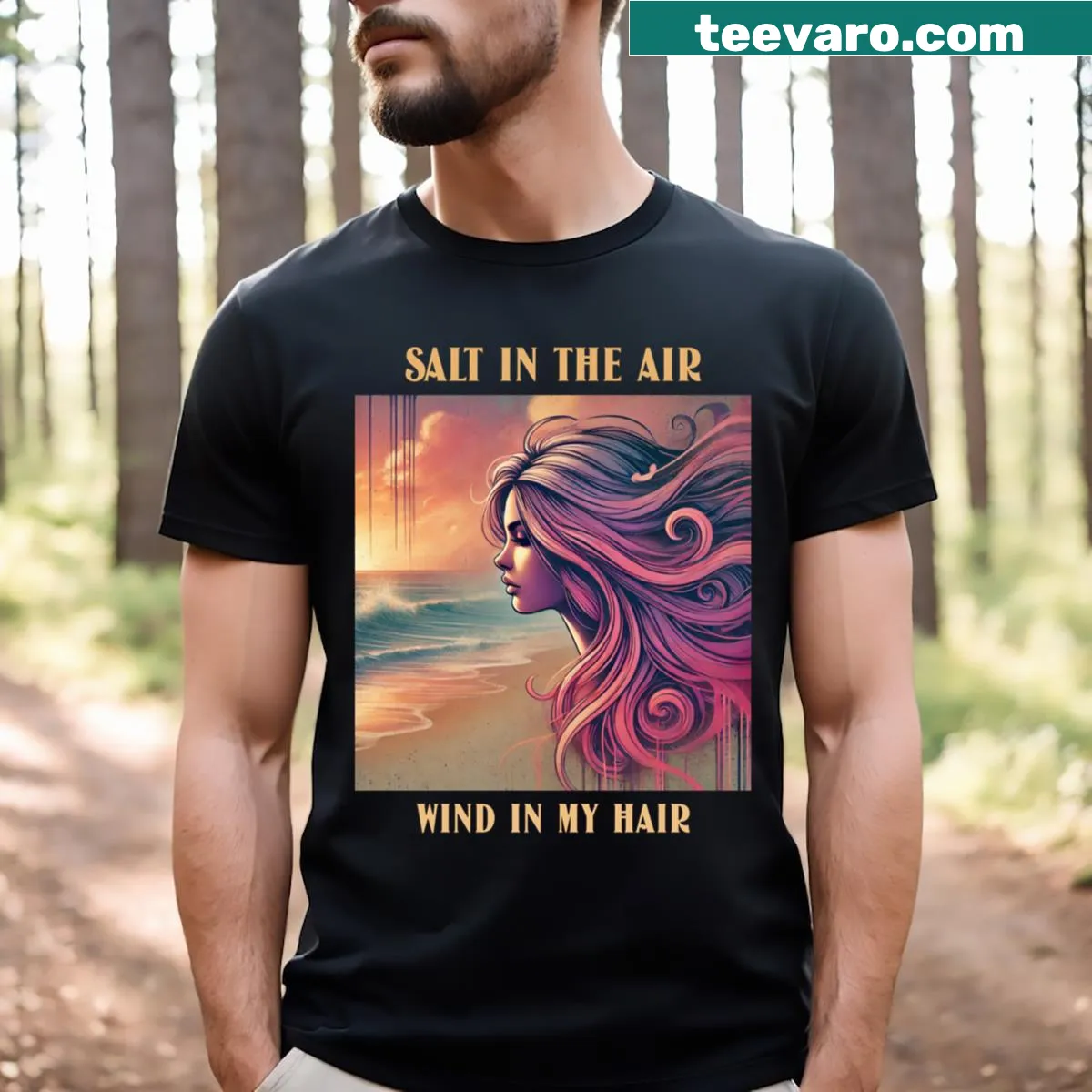 Typographic design featuring beach-themed text about salt and wind — on a men's t-shirt