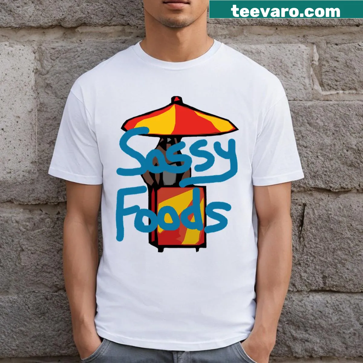 T-shirt featuring playful food graphics — on a men's t-shirt
