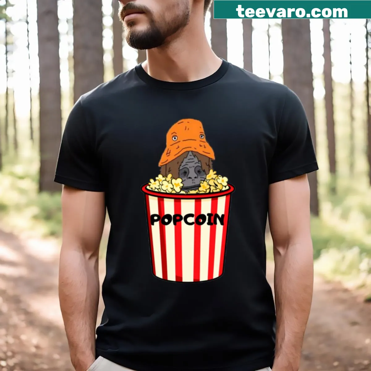 Graphic tee featuring sassy Popcoin slogan — on a men's t-shirt