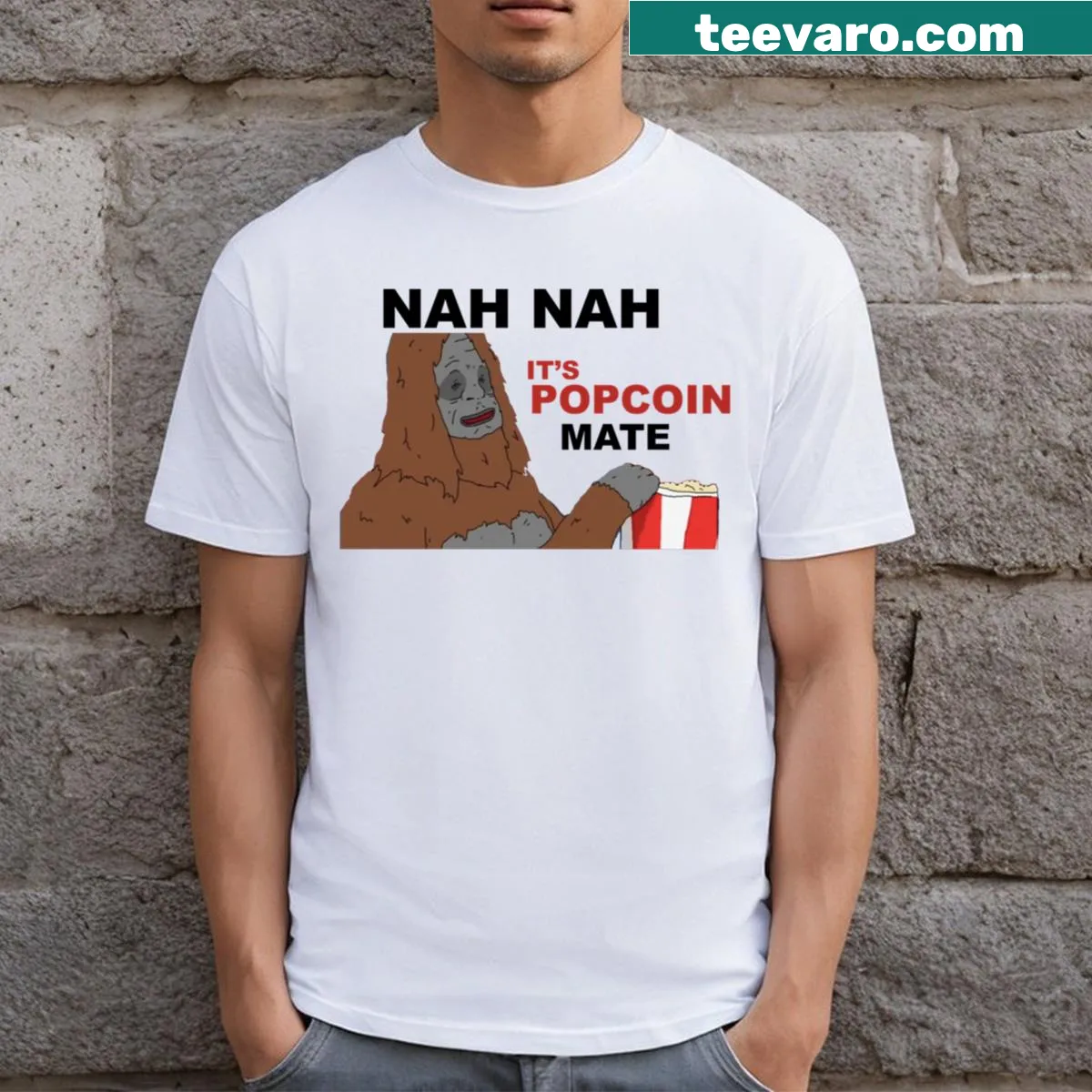 Sassy Popcoin T-shirt with humorous text design — on a men's t-shirt