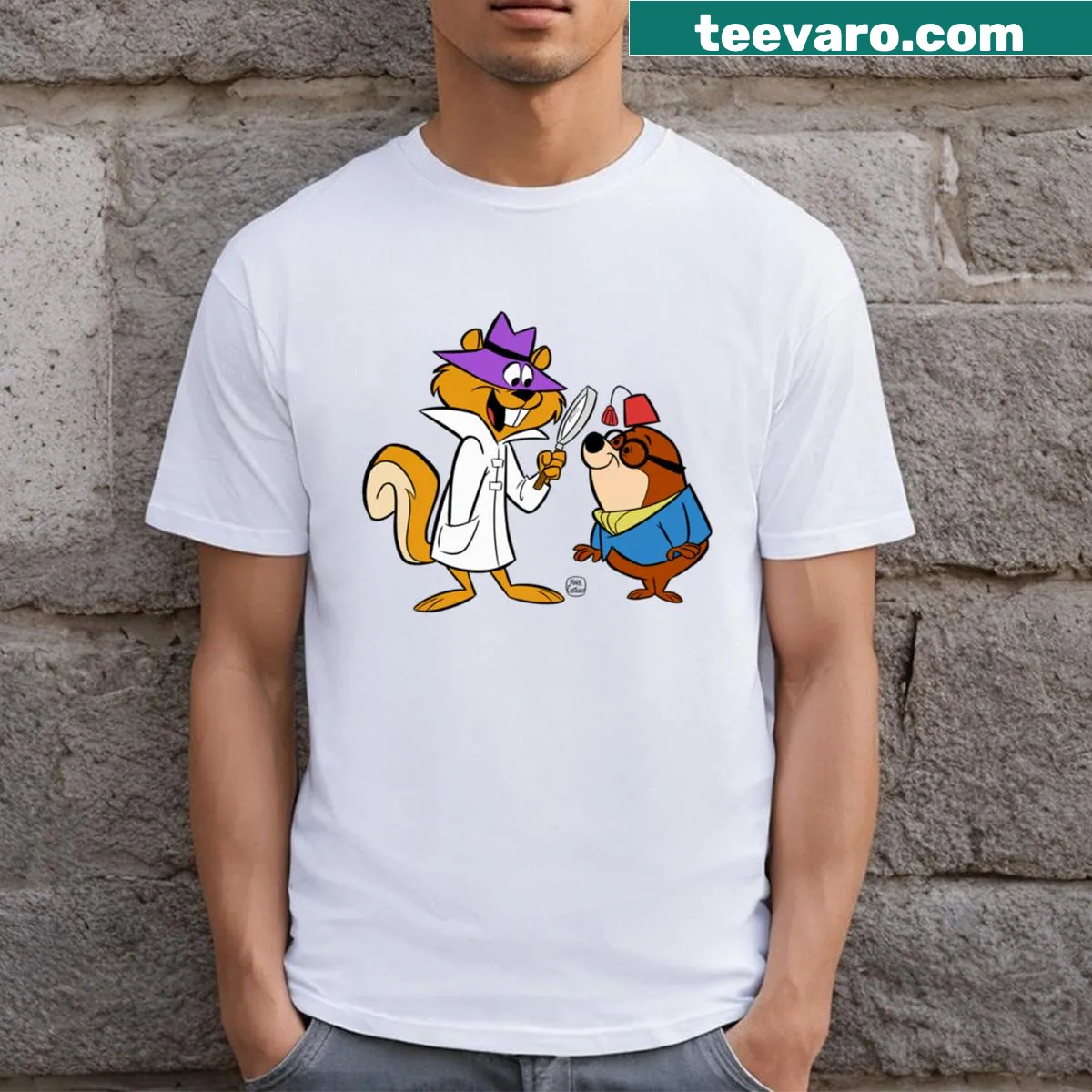 Cartoon graphic tee featuring Secret Squirrel and Morocco Mole — on a men's t-shirt