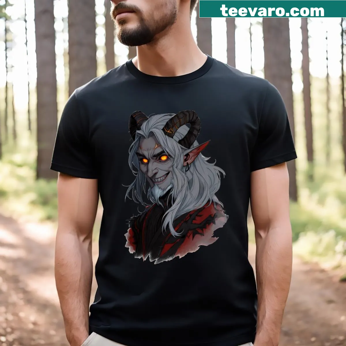 Cartoonish smiling demon graphic on a playful t-shirt. — on a men's t-shirt