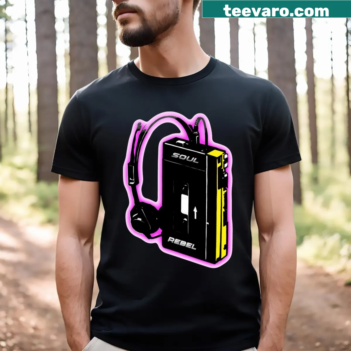 Retro-themed typography design saying 'Soul Rebel 80's Kid' on a t-shirt. — on a men's t-shirt