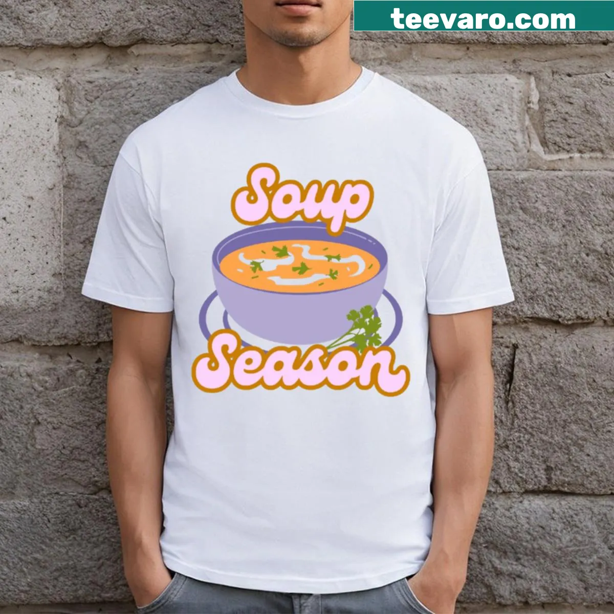 Cozy bowl of soup graphic on T-shirt — on a men's t-shirt