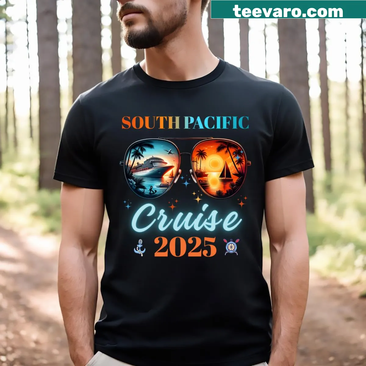 Family cruise-themed T-shirt featuring islands and '2025' text — on a men's t-shirt