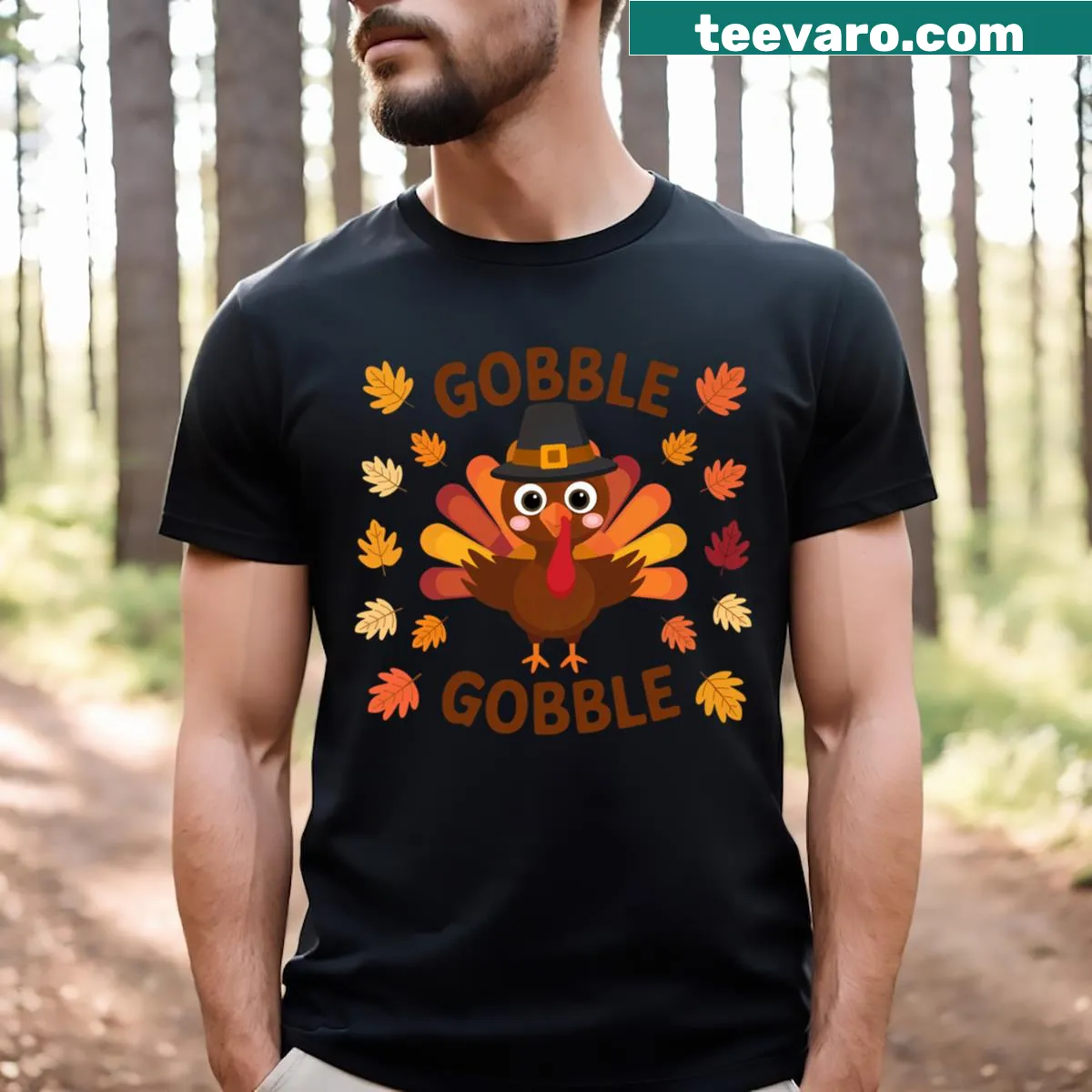 Funny turkey with 'Gobble Gobble' text for Thanksgiving — on a men's t-shirt
