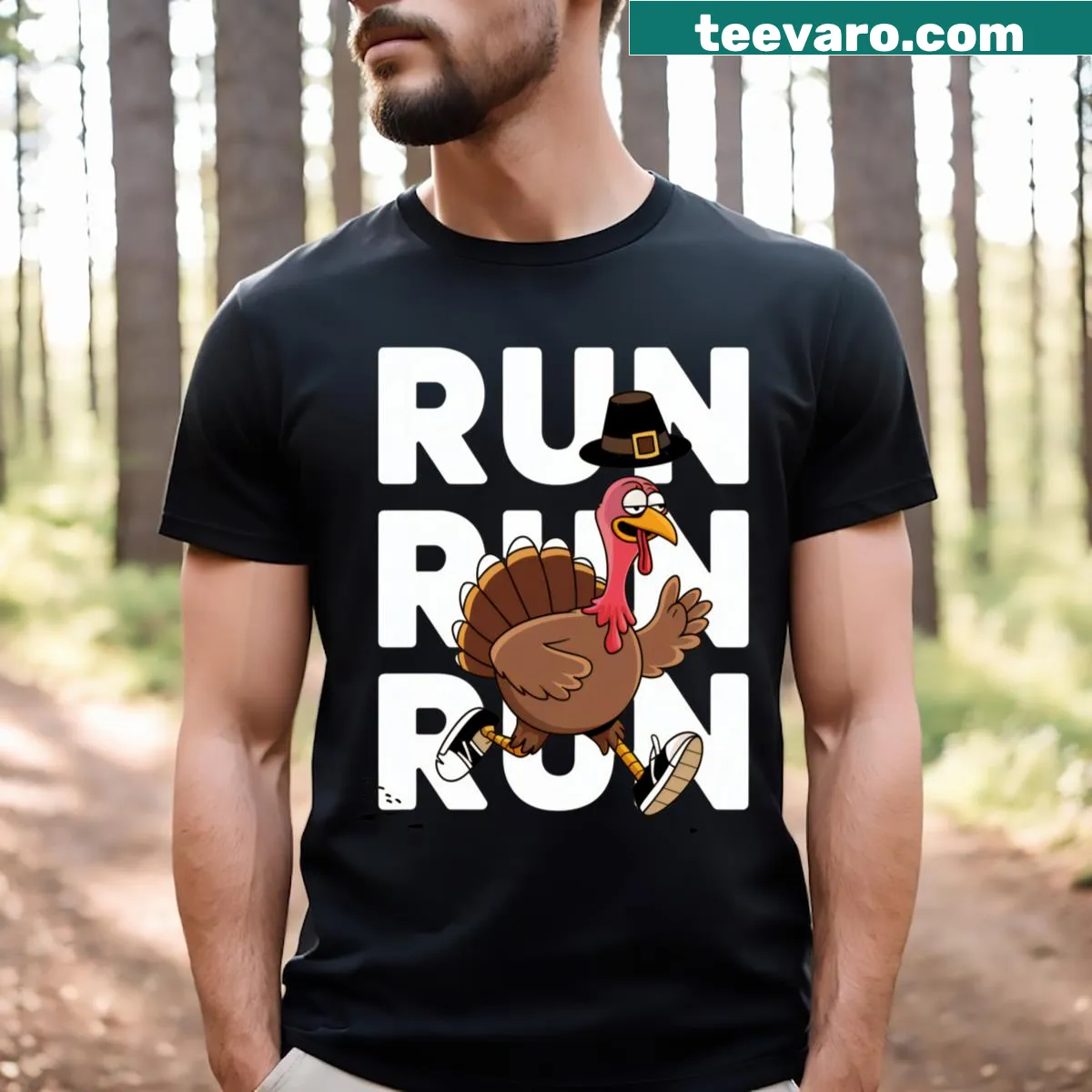 Thanksgiving Turkey Run Costume t-shirt with a whimsical design — on a men's t-shirt
