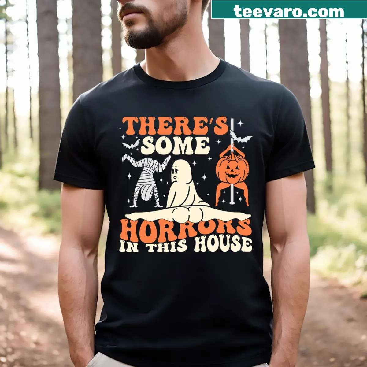 Humorous Halloween T-shirt with the phrase about horrors in the house. — on a men's t-shirt