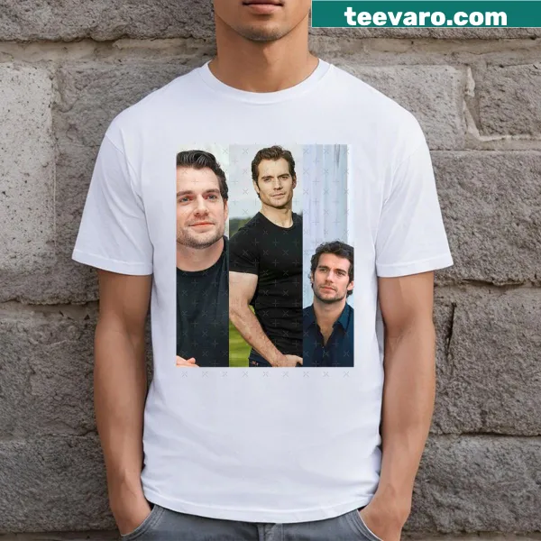 Three-photo collage of actor Henry Cavill on a T-shirt.