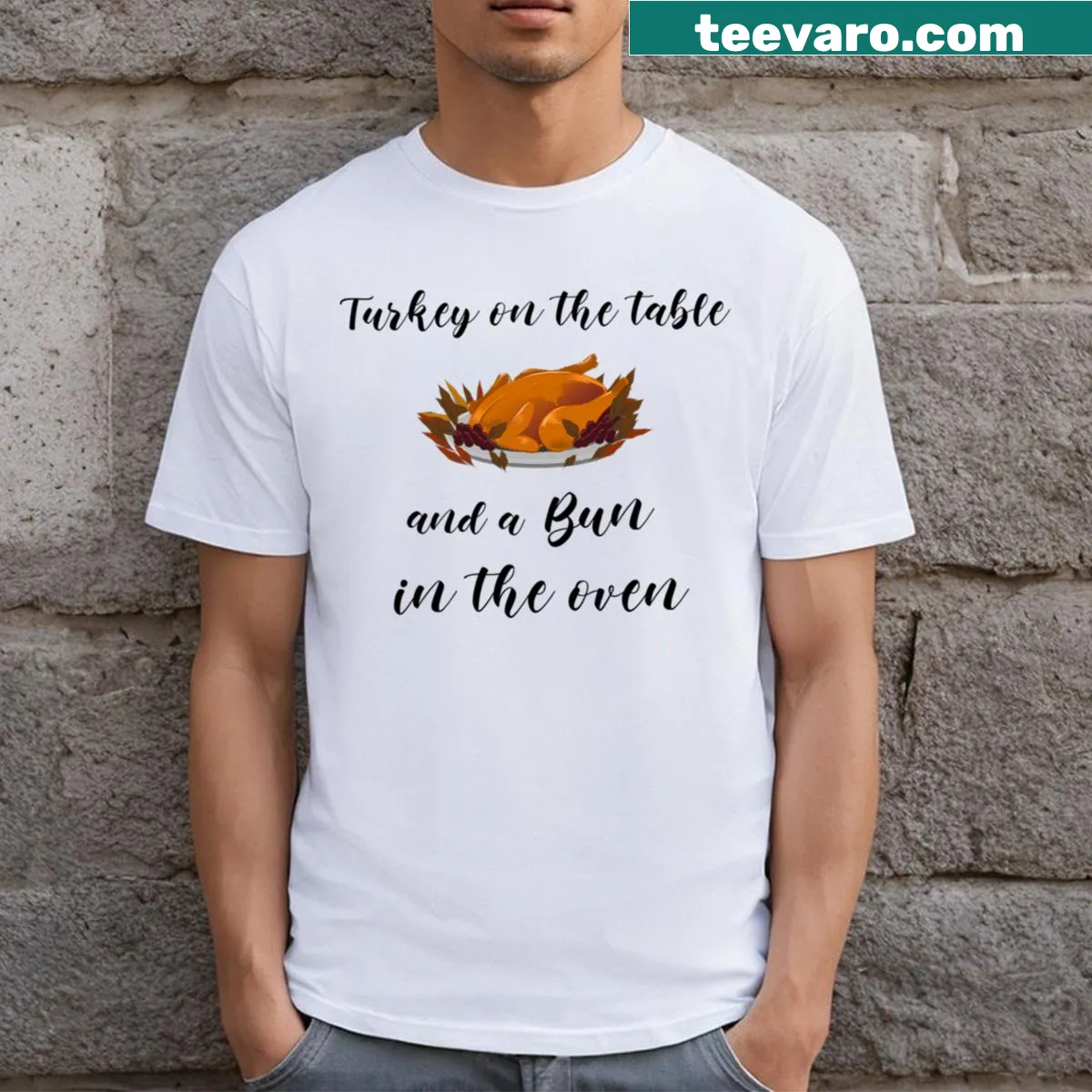 Cute baby announcement shirt featuring a turkey and bun in the oven — on a men's t-shirt