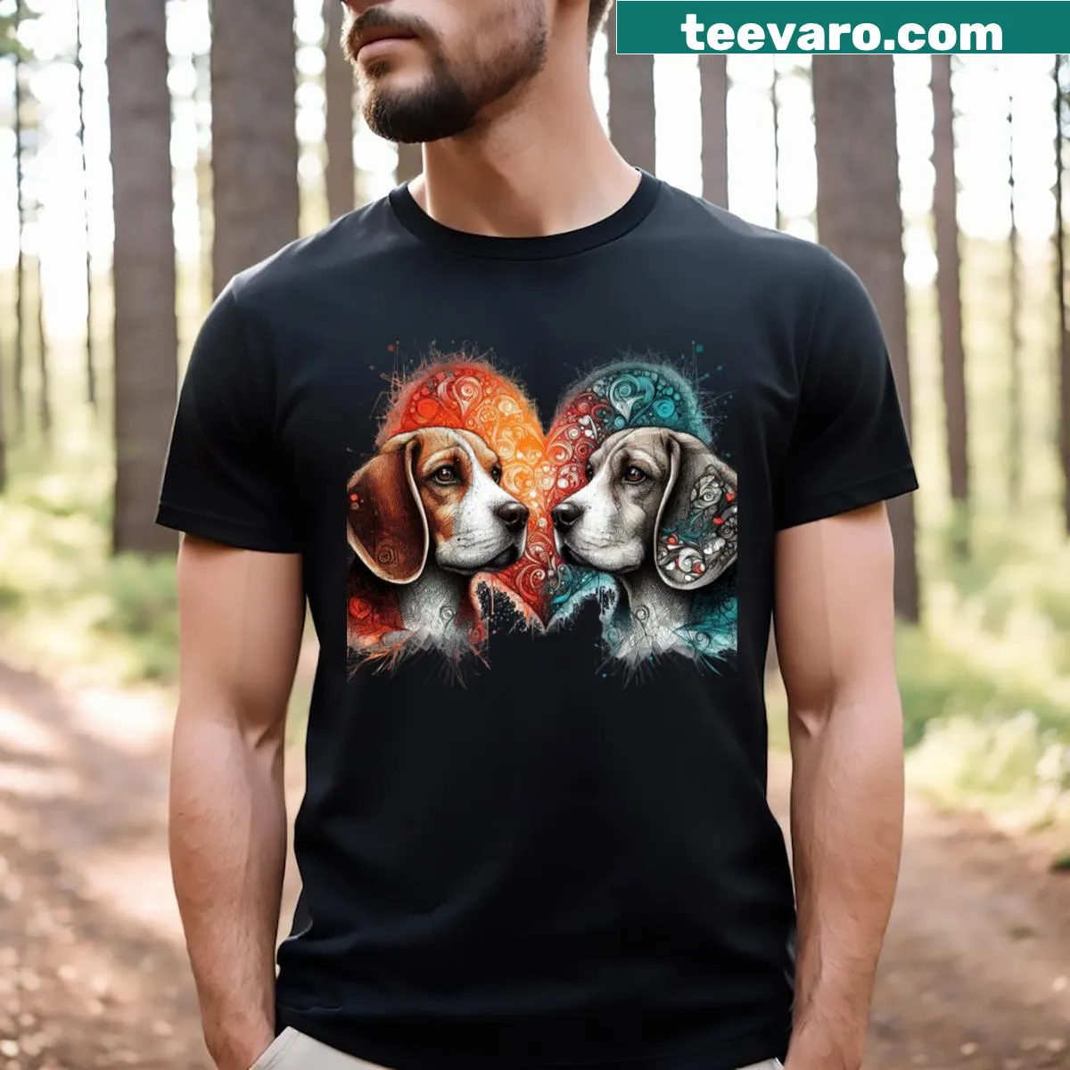 Illustration of two beagles with the phrase Two Souls One Heart — on a men's t-shirt