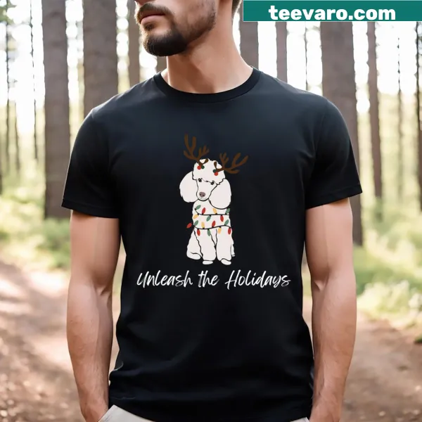 Festive poodle graphic with reindeer antlers on T-shirt