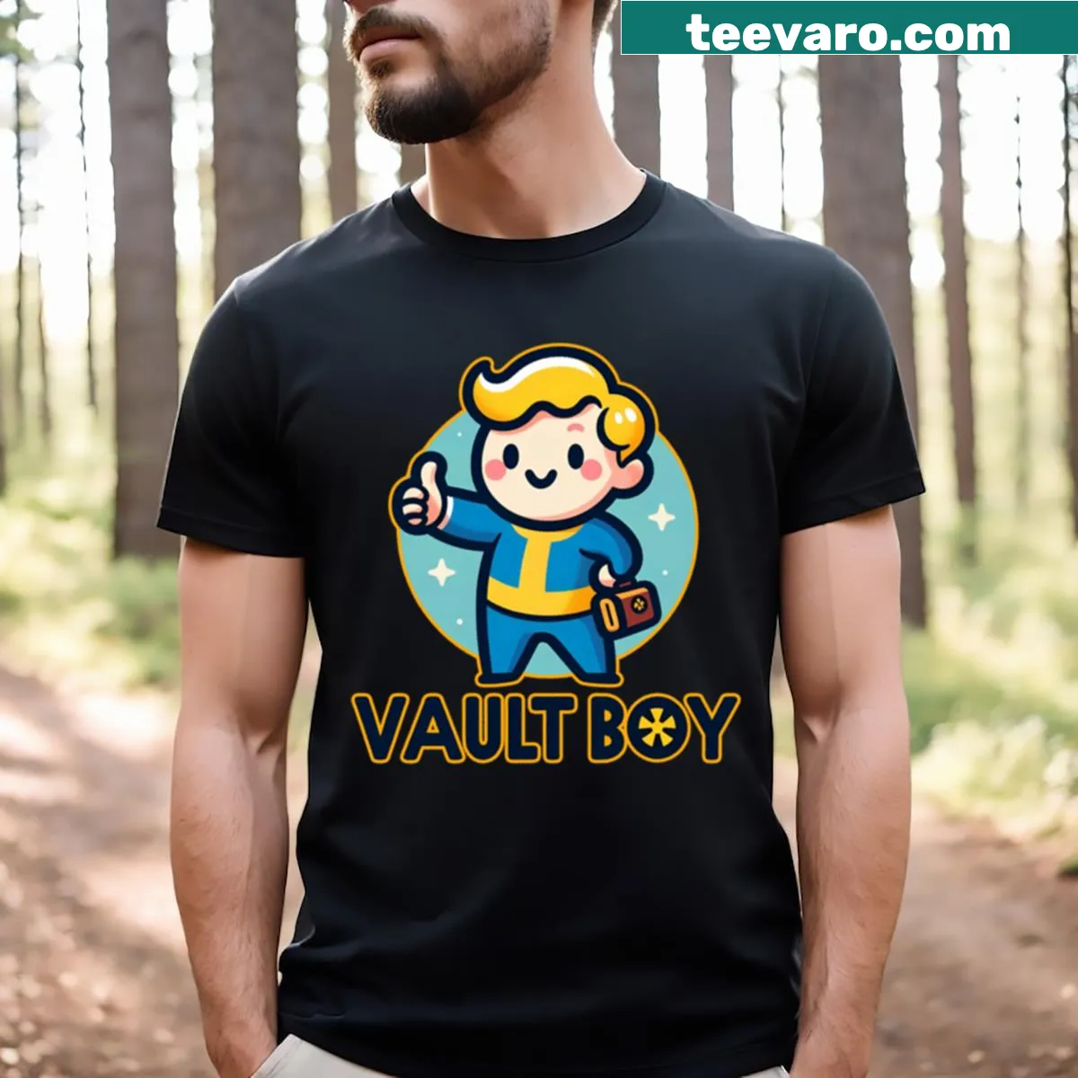 Comic-style Vault Boy graphic on a gaming T-shirt — on a men's t-shirt