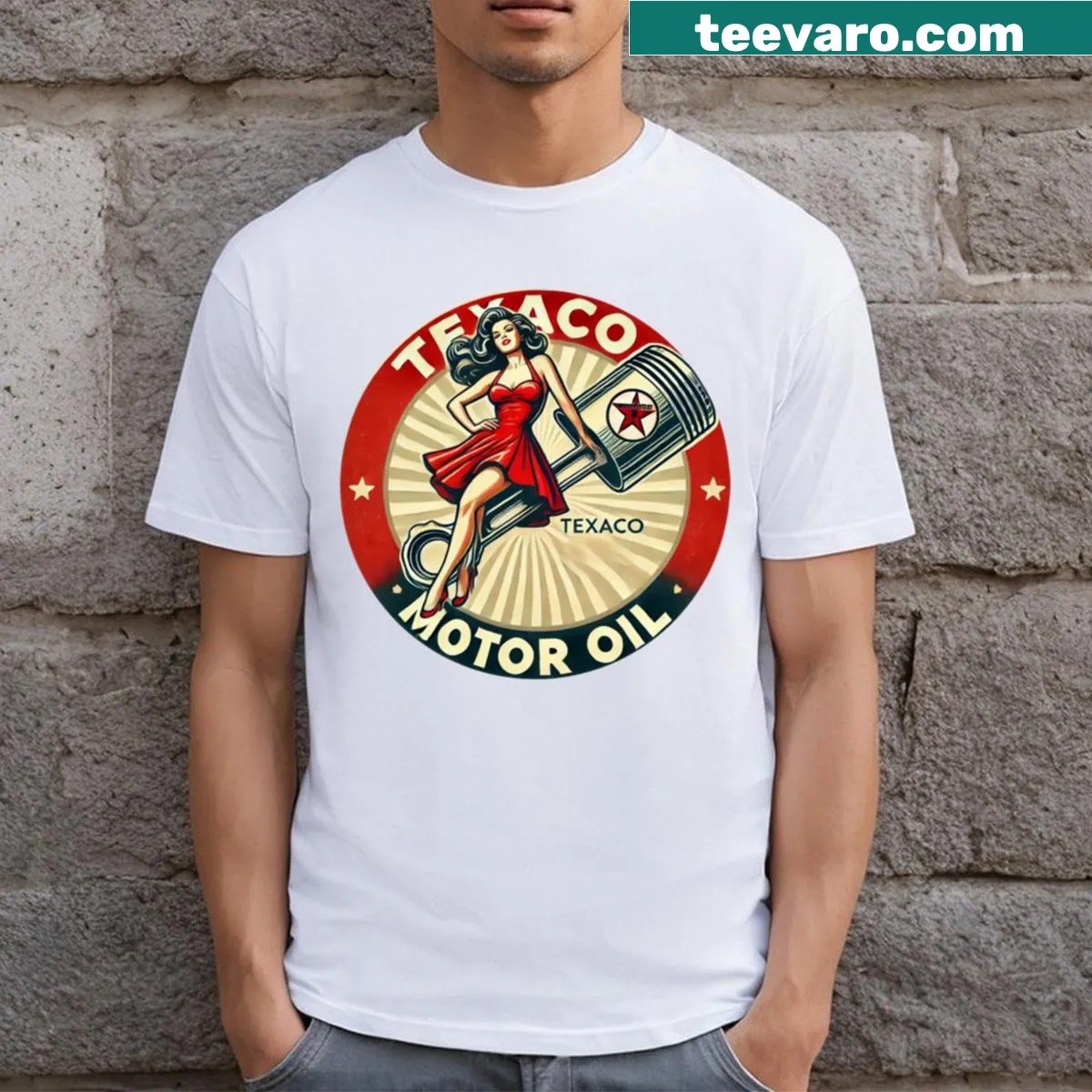 Vintage-style T-shirt featuring a Texaco Motor Oil round sign — on a men's t-shirt