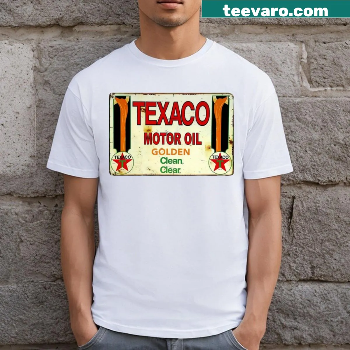 Vintage Texaco Motor Oil sign graphic on T-shirt — on a men's t-shirt