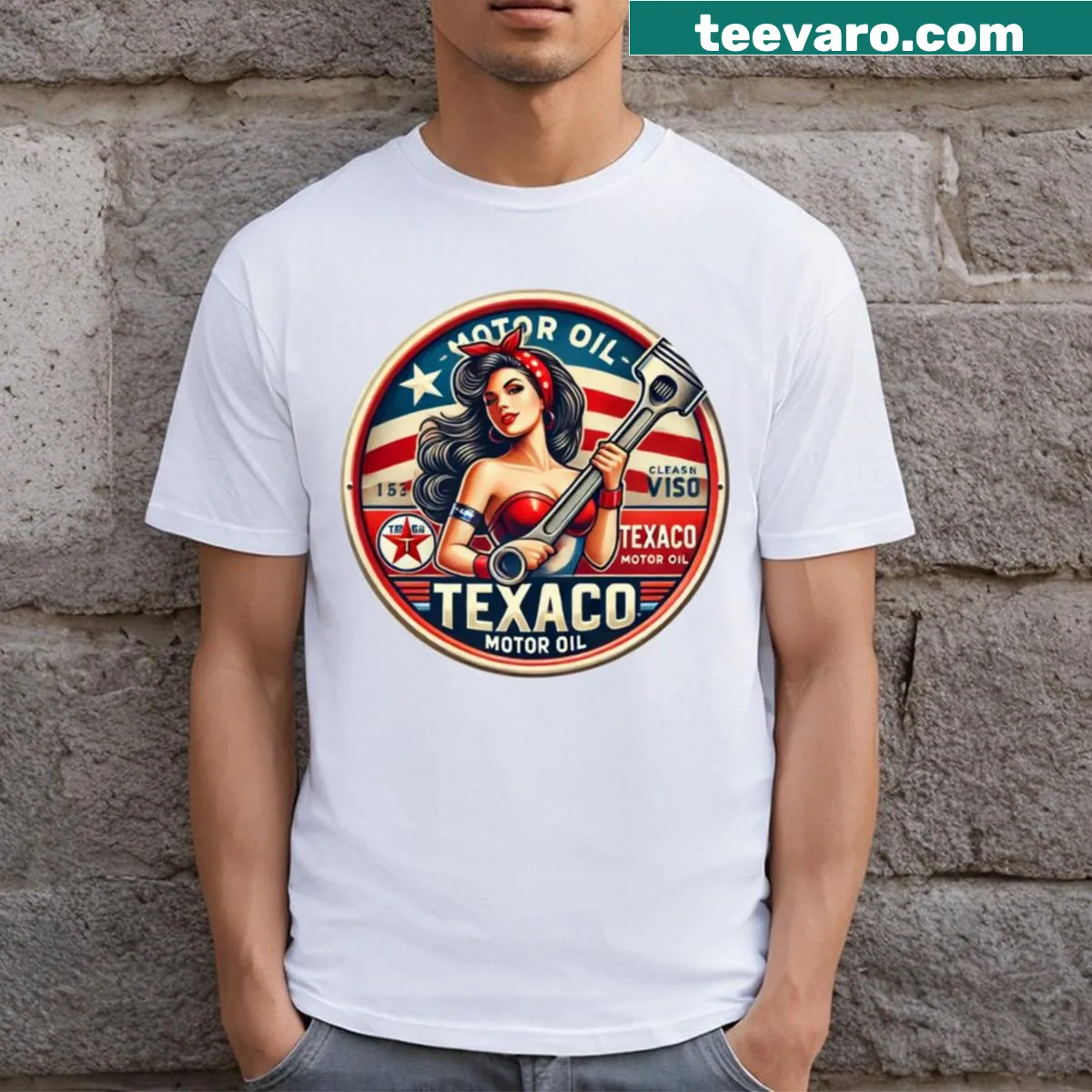 Vintage Texaco oil sign graphic on a distressed T-shirt — on a men's t-shirt