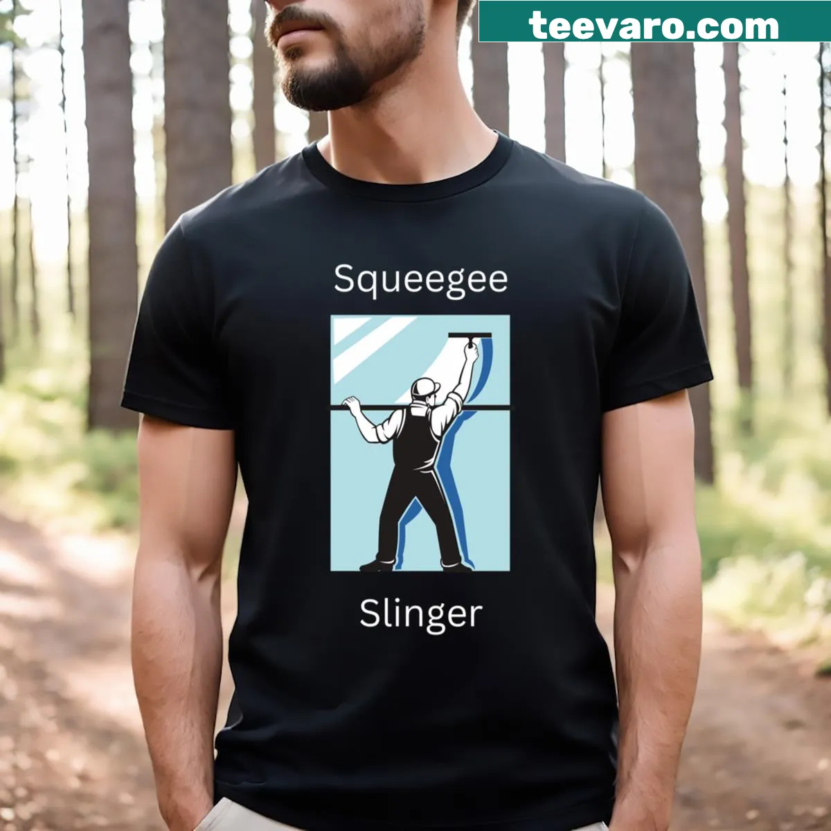Text design reading 'Squeegee Slinger' for window washers — on a men's t-shirt
