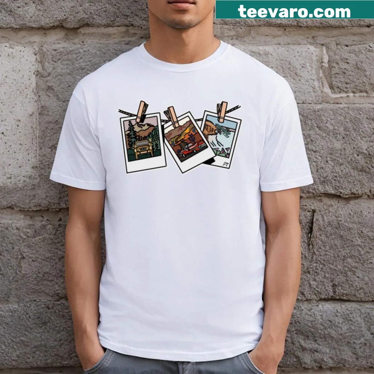 Illustrated Adventure's Album T-shirt depicting exploration themes — on a men's t-shirt