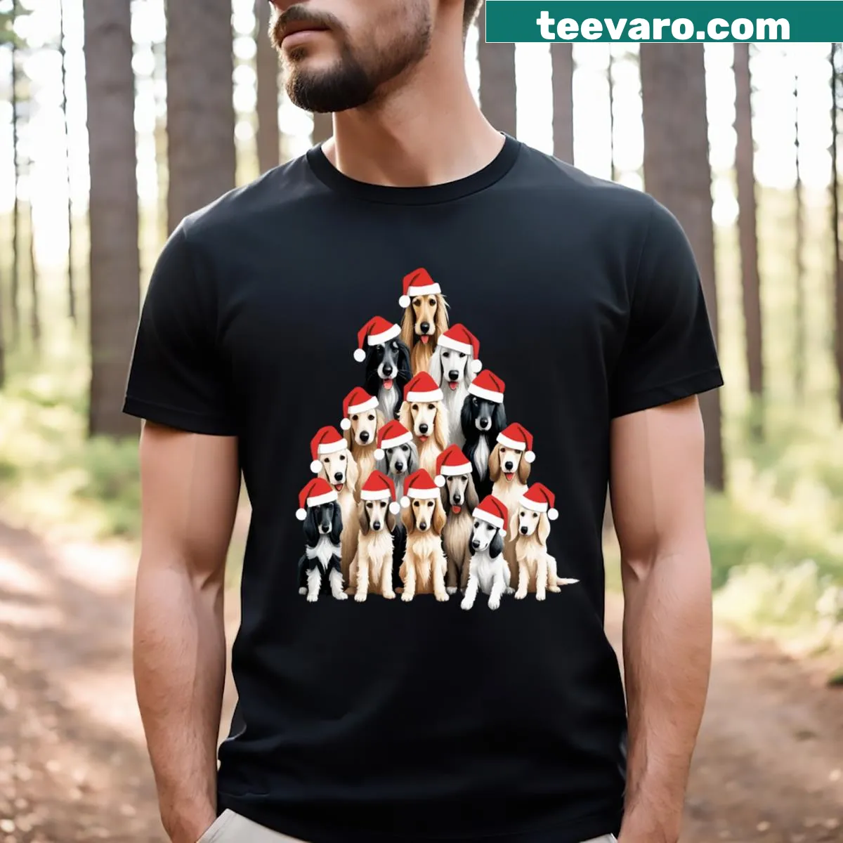 Cute T-shirt with Afghan hounds and a Christmas tree illustration — on a men's t-shirt