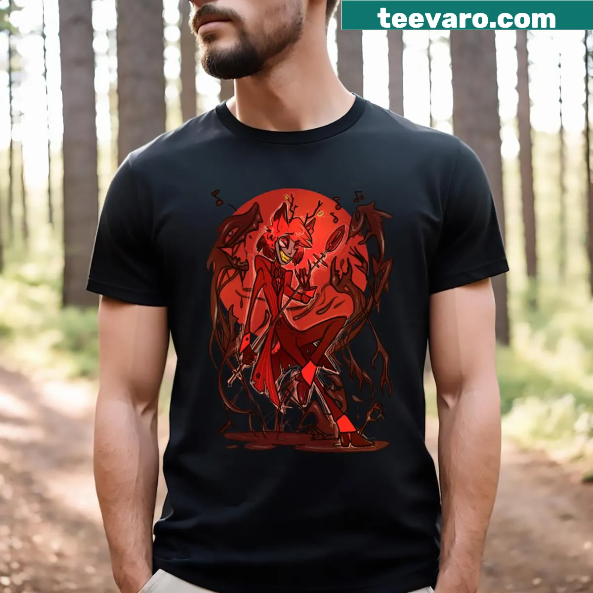 Alastor T-shirt featuring artistic depiction from Hazbin Hotel — on a men's t-shirt