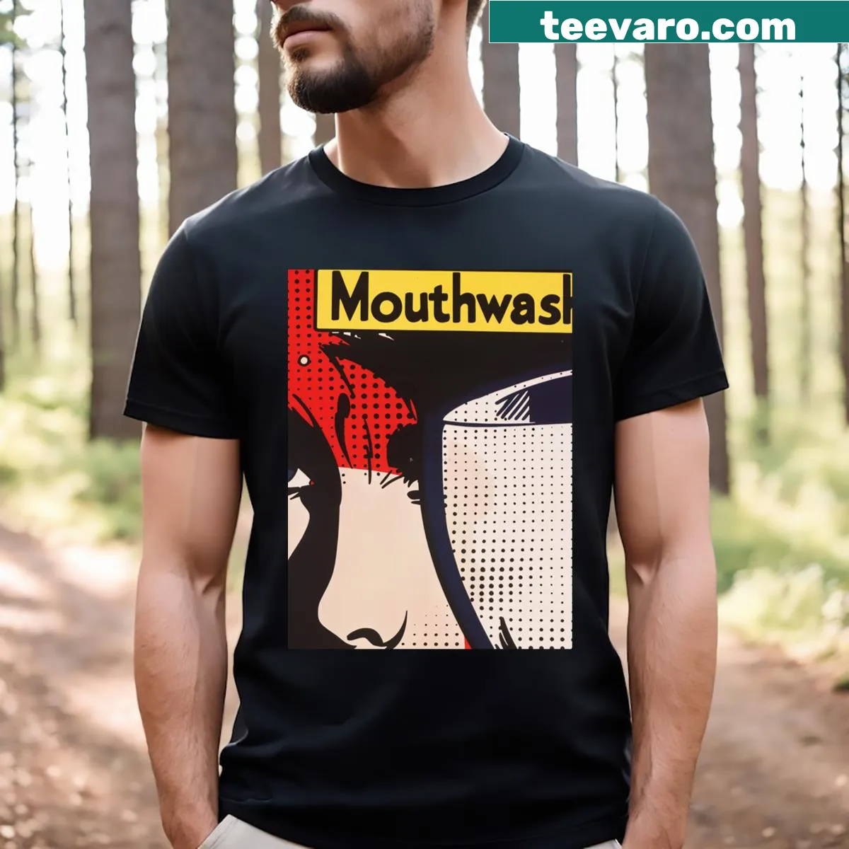 Captain Curly Mouthwash horror-themed t-shirt with dark design — on a men's t-shirt