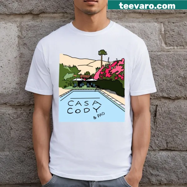 Playful graphic of poolside fun on Casa Pool T-shirt