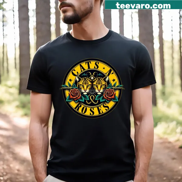 Cats N Roses t-shirt featuring whimsical cat and floral graphic