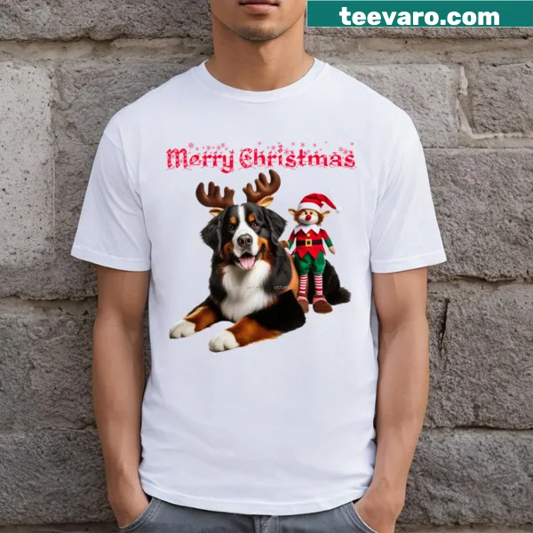 Christmas t-shirt featuring an illustration of a Bernese Mountain Dog