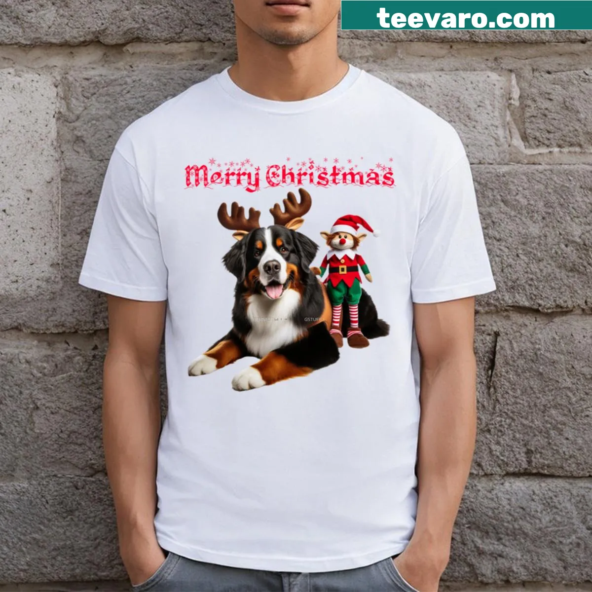 Christmas t-shirt featuring an illustration of a Bernese Mountain Dog — on a men's t-shirt