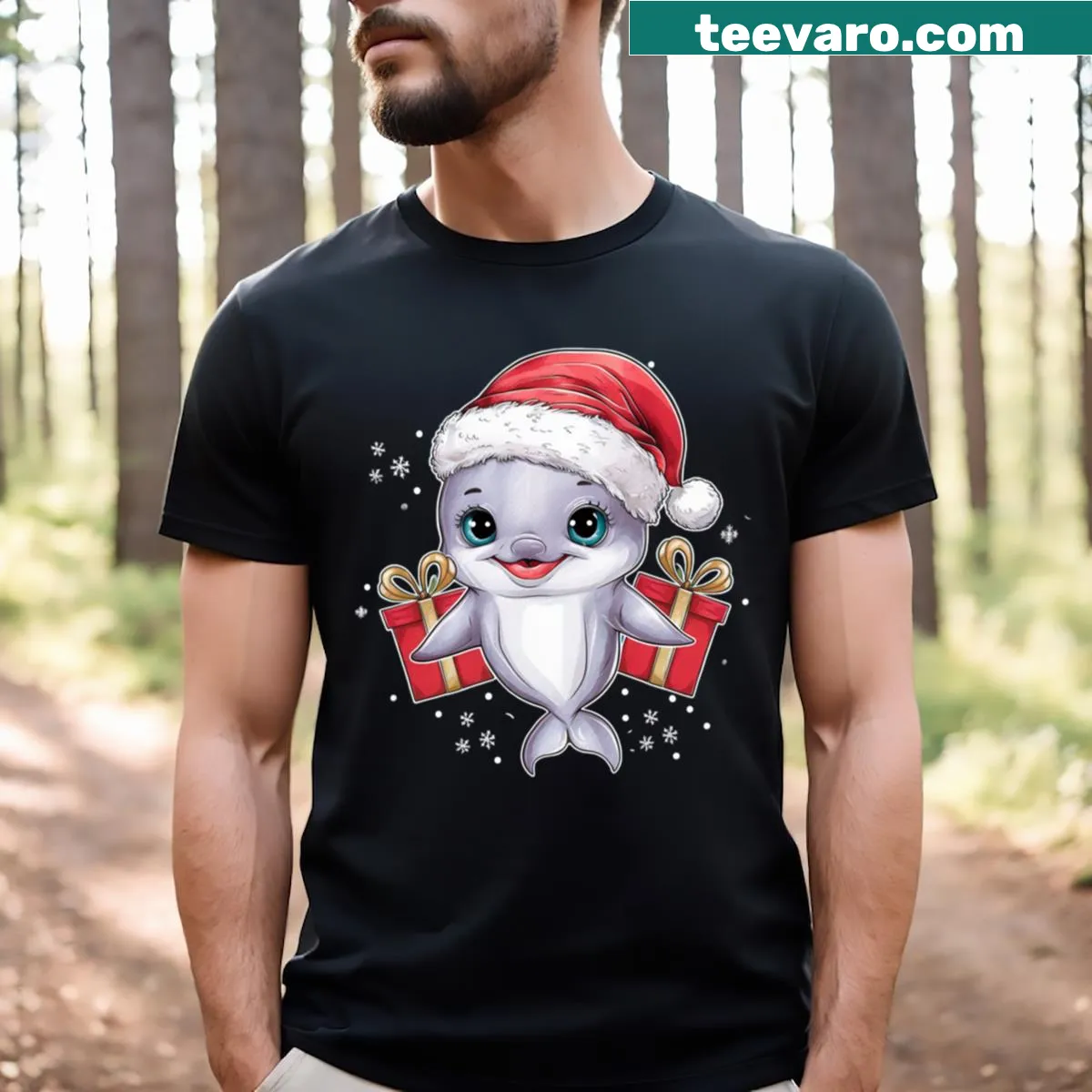 Dolphin illustration in a Santa hat with holiday graphics — on a men's t-shirt