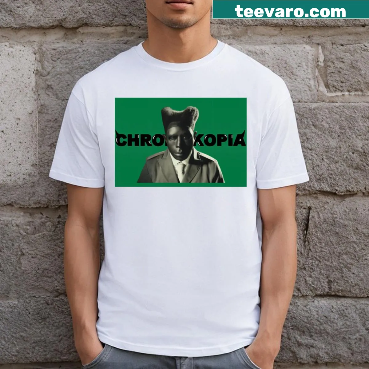 T-shirt with the word 'Chromakopia' in a creative typography design — on a men's t-shirt