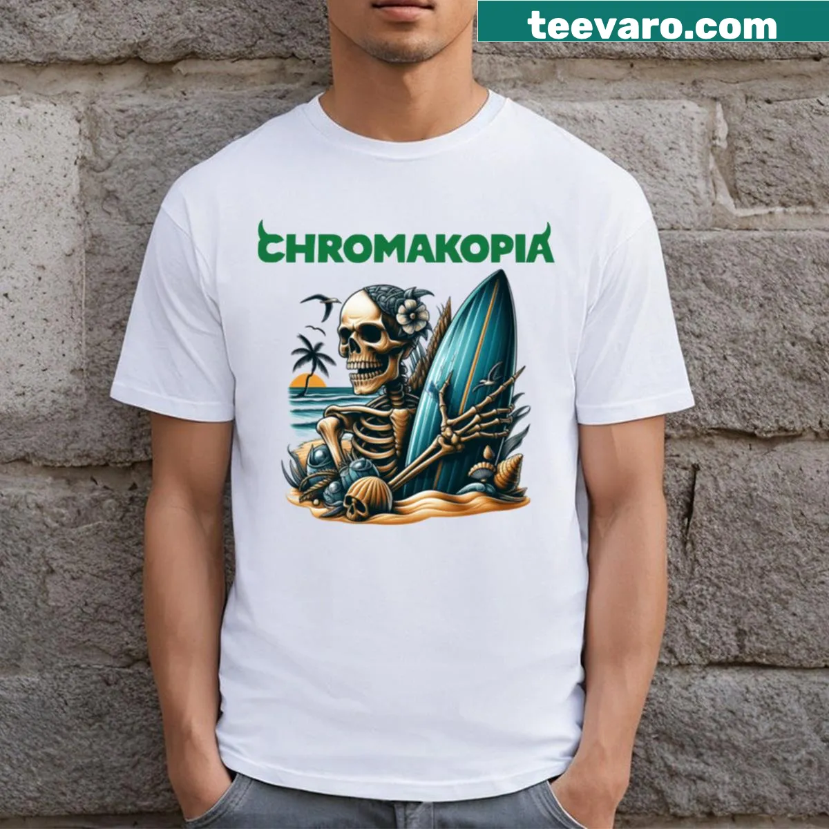 Cartoon skeleton surfing in a vibrant design — on a men's t-shirt